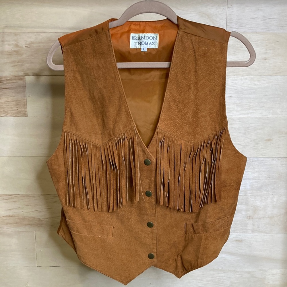 100% leather western vest fringe tassels camel colored Southwest cowboy